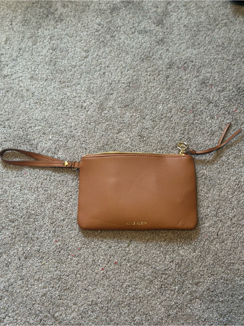 Anne Klein Caramel Tan Leather Wristlet Clutch with Gold Accents